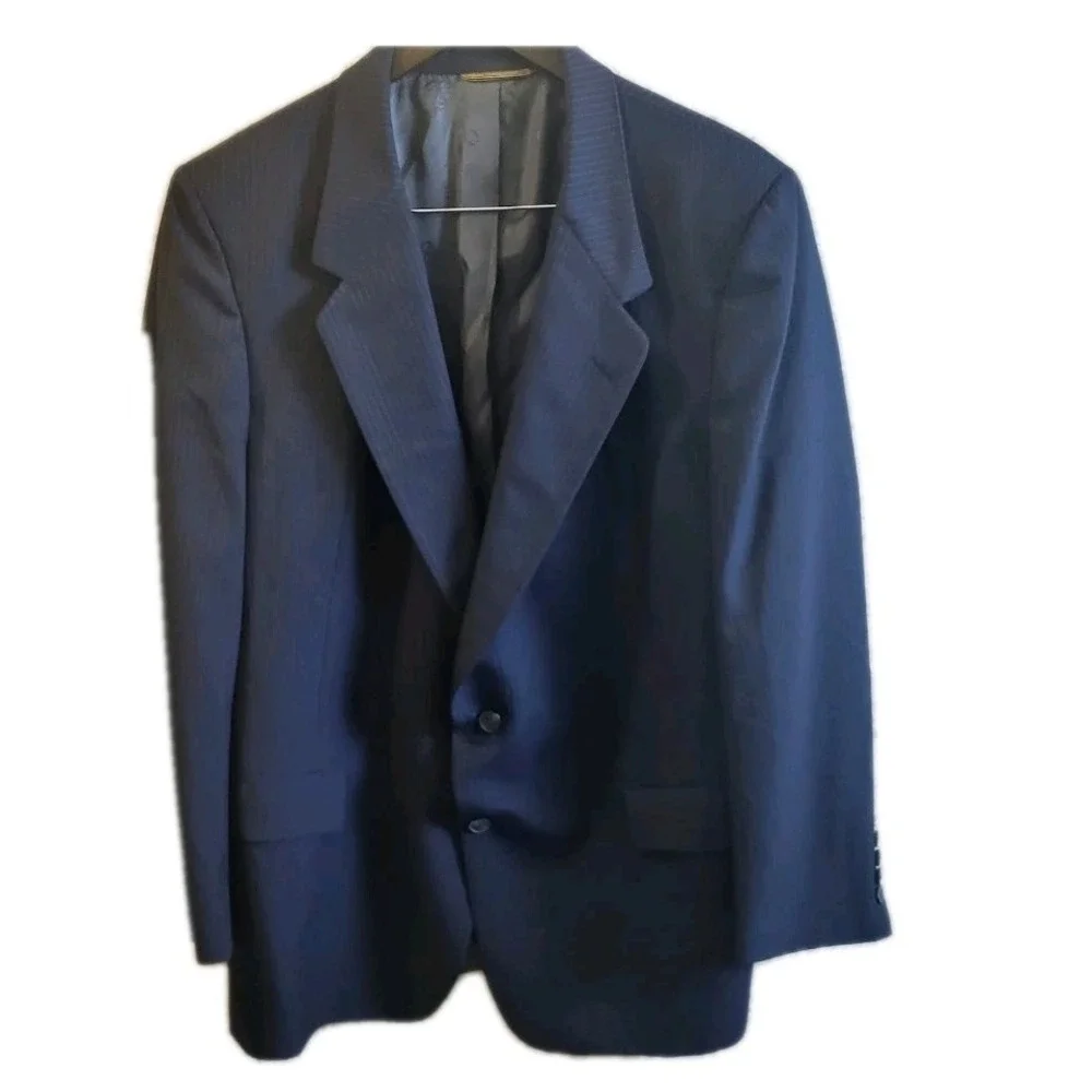 Vintage Christian Dior Woolf Brothers Navy Pinstripe Suit 42R 36x31 Wool 2 buttn